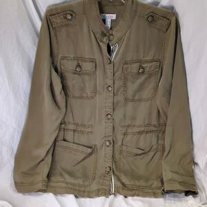 Denim & Company | Green Utility Denim Jacket | Small Distressed cinched waist.